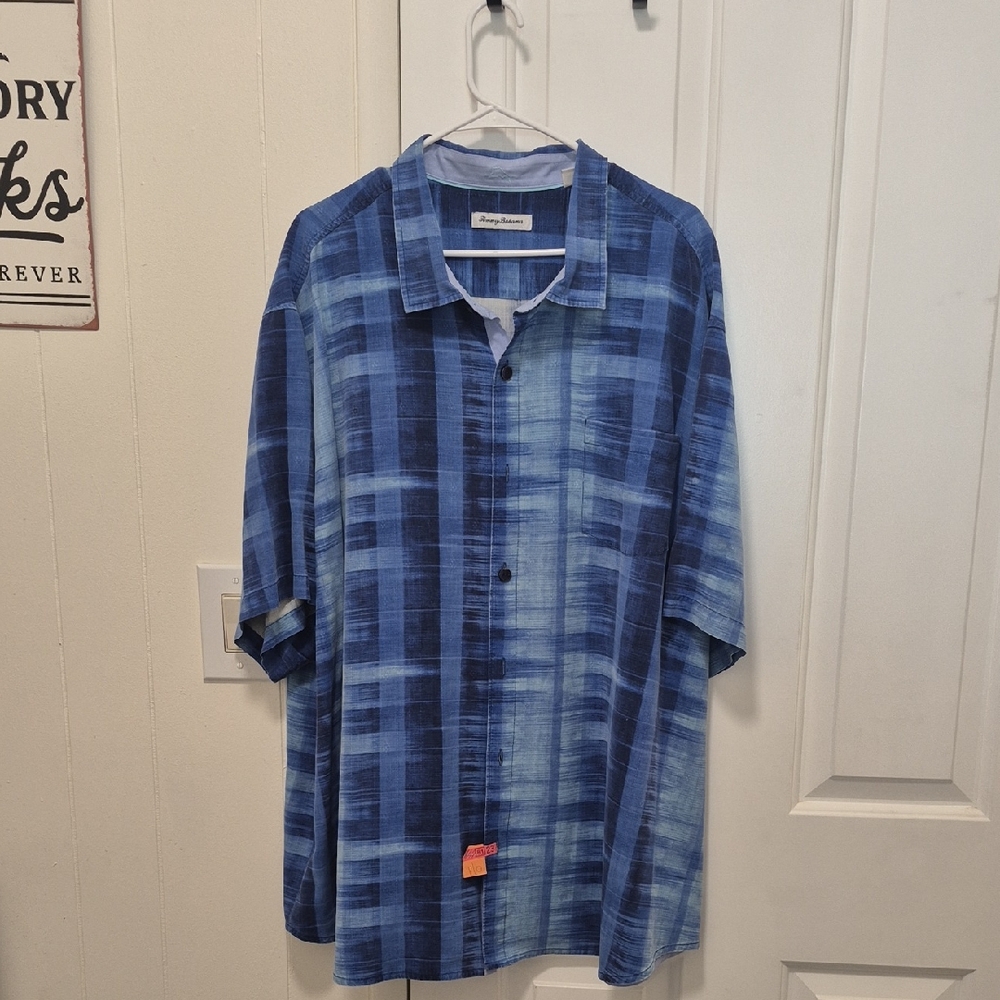 Tommy Bahama Blue Plaid Short-Sleeve Button-Down Shirt 3XLB